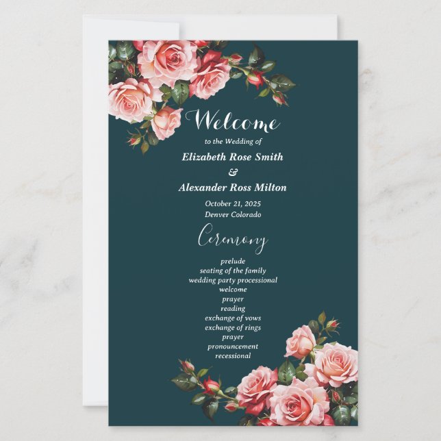 Dark moody pink red roses teal wedding program (Front)