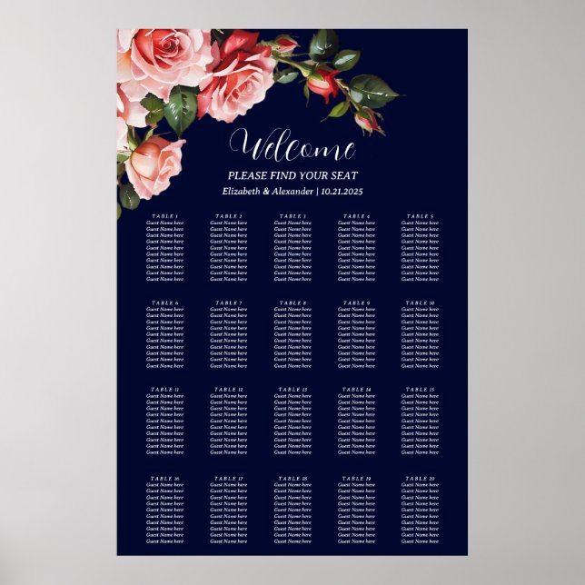 Dark moody pink red roses wedding seating chart (Front)