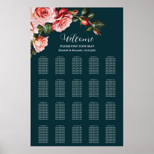 Dark moody pink red roses wedding seating chart