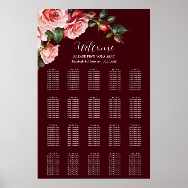 Dark moody pink red roses wedding seating chart (Front)