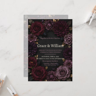 Dark Moody Plum Purple Roses Wedding Invitation