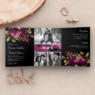 Dark Moody Plum Roses Photo Collage Black Wedding Tri-Fold Invitation