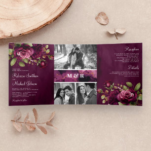 Dark Moody Plum Roses Photo Collage Purple Wedding Tri-Fold Invitation