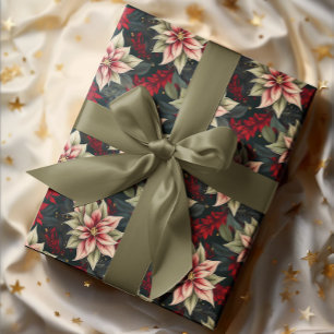 Dark Moody Poinsettia Floral Winter Holiday Wrapping Paper