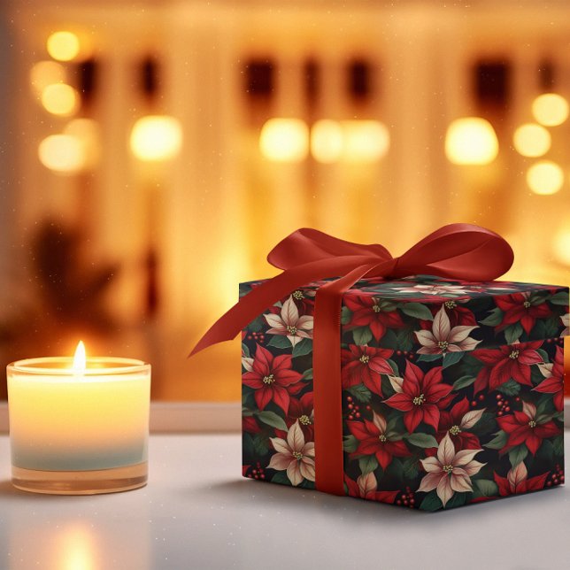 Dark Moody Poinsettia Floral Winter Holiday Wrapping Paper (Elegant Dark and Moody Poinsettia Floral Christmas and Winter Holiday Wrapping Paper)