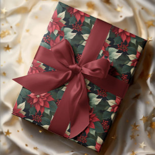 Dark Moody Poinsettia Floral Winter Holiday Wrapping Paper