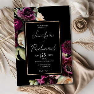 Dark & Moody Purple Bloom Bloom Black Wedding  Invitation