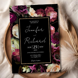 Dark Moody Purple Bloom Floral Black Wedding Invitation
