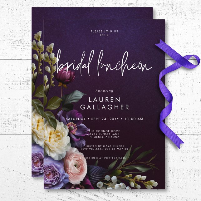 Dark Moody Purple & Cream Floral Bridal Luncheon Invitation (Dark Moody Purple & Cream Floral Bridal Luncheon Invitation)