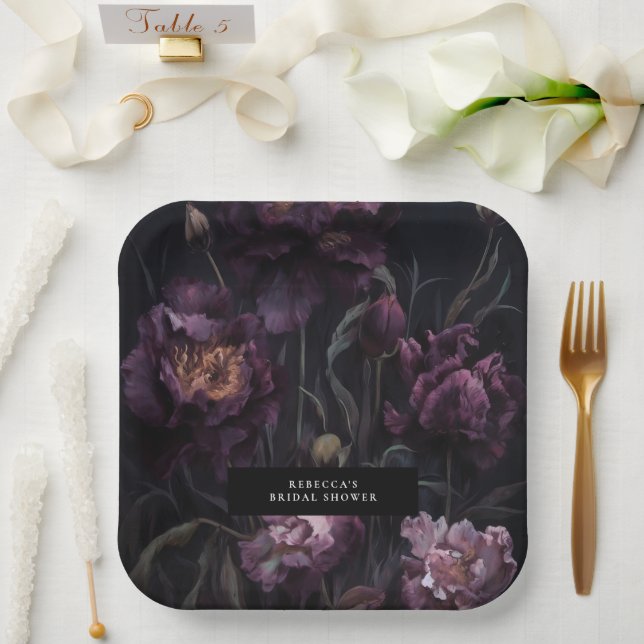Dark Moody Purple Dramatic Florals Bridal Shower Paper Plate (Wedding)