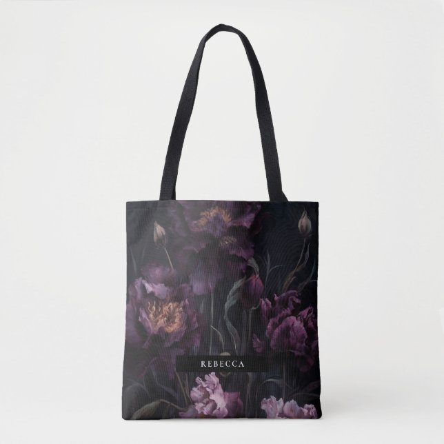 Dark Moody Purple Dramatic Florals Bridesmaid Tote Bag (Front)