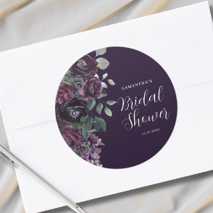 Dark Moody Purple Floral Bridal Shower Classic Round Sticker