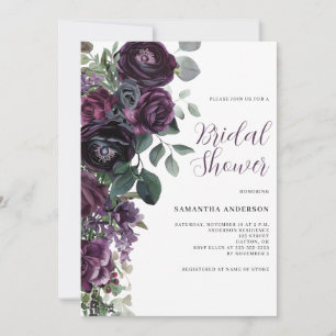 Dark Moody Purple Floral Bridal Shower  Invitation