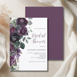 Dark Moody Purple Floral Bridal Shower Invitation