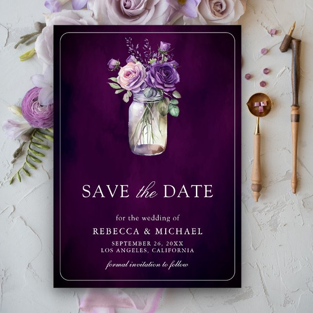 Dark Moody Purple Floral Mason Jar Wedding Save The Date (Creator Uploaded)