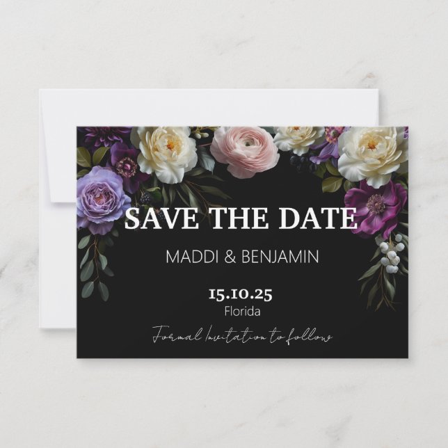 Dark Moody Purple Floral Save the Date Card (Front)