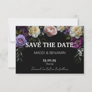 Dark Moody Purple Floral Save the Date Card
