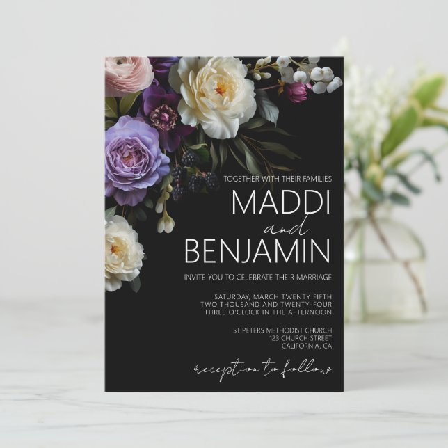 Dark Moody Purple Floral Wedding Invitation (Standing Front)