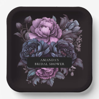 Dark Moody Purple Florals Bridal Shower Paper Plate