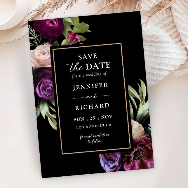 Dark Moody Purple Flowers Black Save The Date Invitation (Creator Uploaded)