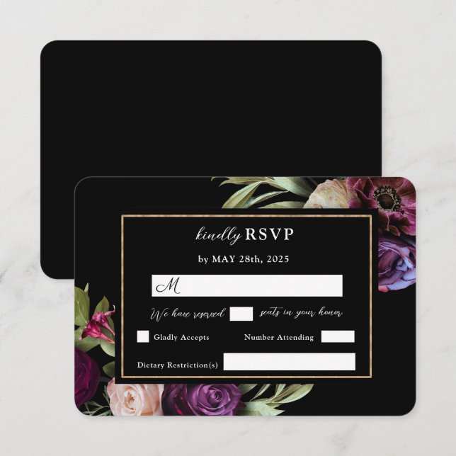 Dark Moody Purple Flowers Modern Black RSVP Cards (Front/Back)