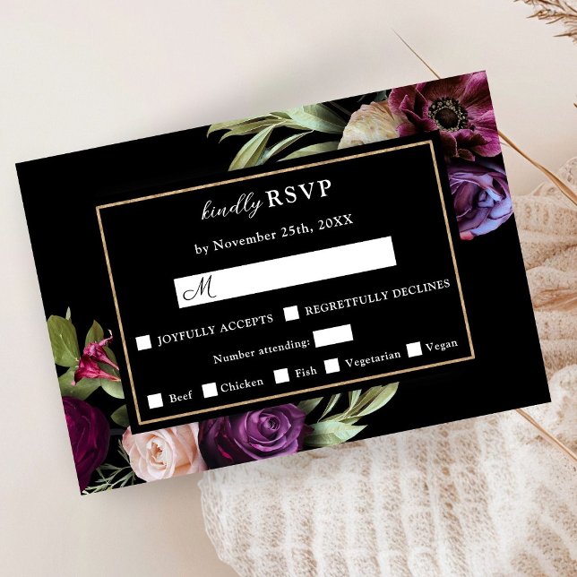 Dark Moody Purple Flowers Modern Black RSVP Cards (Creator Uploaded)