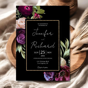 Dark Moody Purple Flowers Modern Black Wedding Invitation