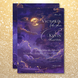 Dark Moody Purple & Gold Moonlit Clouds Wedding Invitation