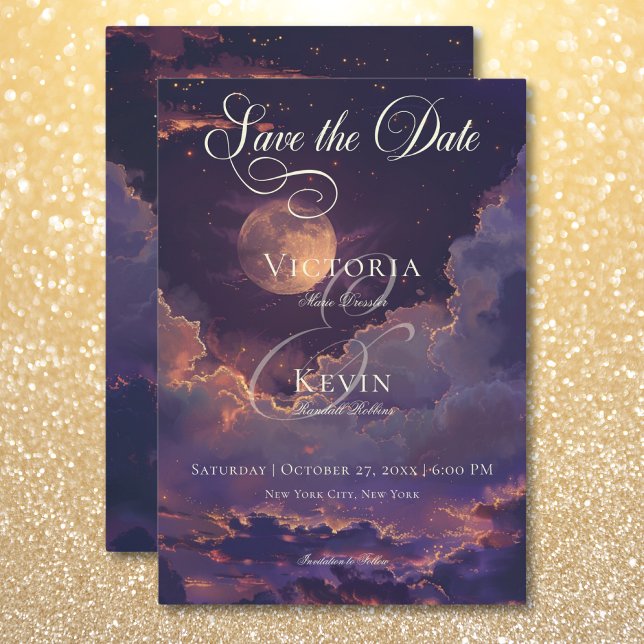Dark Moody Purple & Gold Moonlit Clouds Wedding Save The Date (Dark Moody Purple & Gold Moonlit Clouds Wedding Save The Date)
