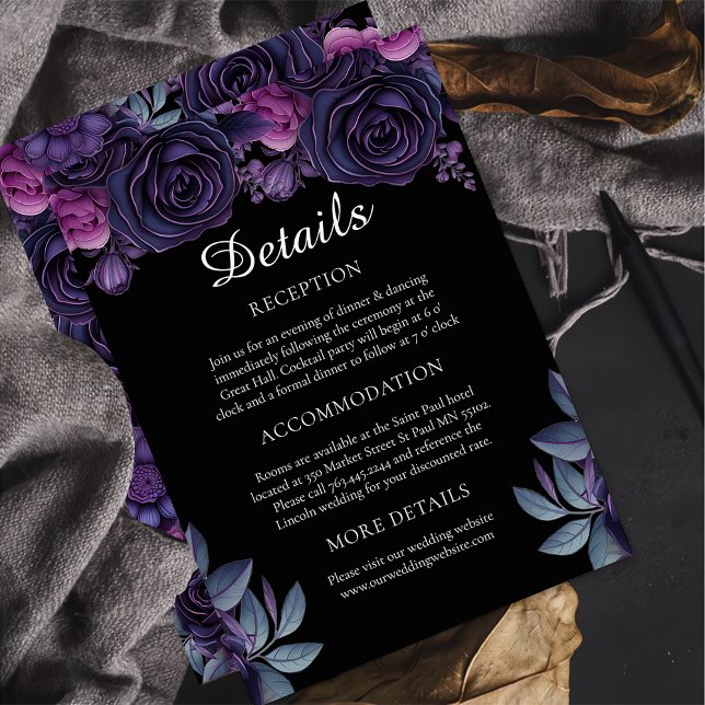Dark Moody Purple Gothic Floral Wedding Details  Enclosure Card (Creator Uploaded)