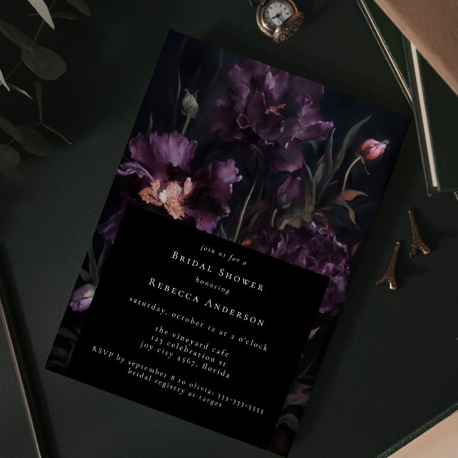Dark Moody Purple Gothic Florals Bridal Shower Invitation (Creator Uploaded)
