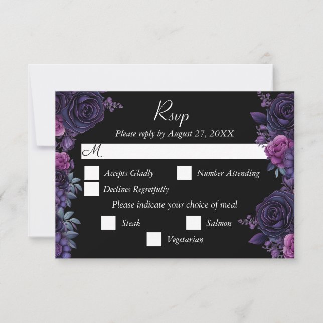 Dark Moody Purple Gothic Florals Wedding RSVP Card (Front)
