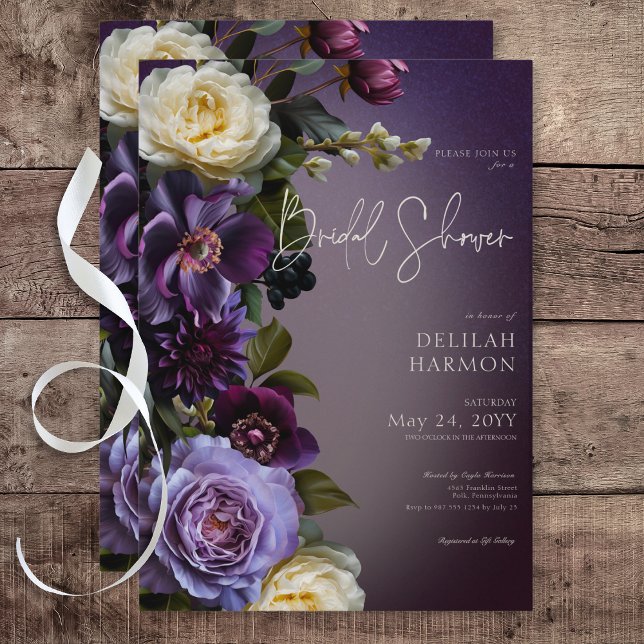 Dark Moody Purple & Lavender Floral Bridal Shower Invitation (Dark Moody Purple & Lavender Floral Bridal Shower Invitation)