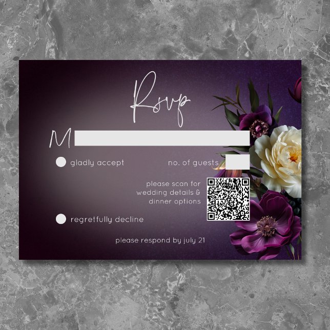 Dark Moody Purple Lavender Floral Modern QR Code RSVP Card (Dark Moody Purple & Lavender Floral Modern QR Code RSVP Card)