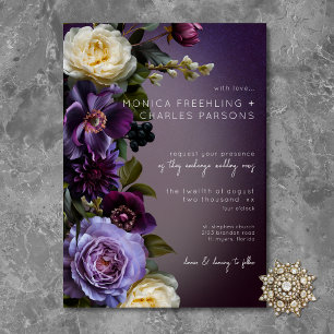 Dark Moody Purple Lavender Floral Modern Wedding Invitation