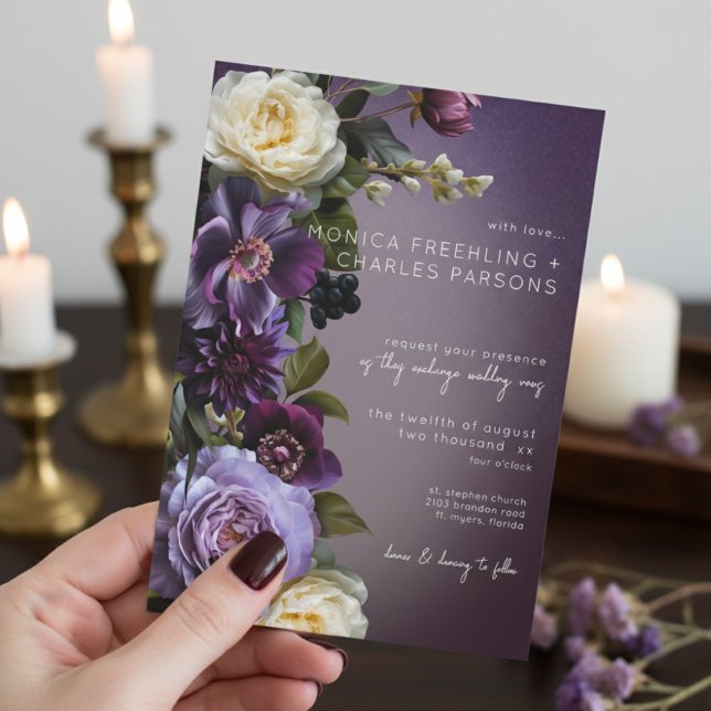 Dark Moody Purple & Lavender Floral Modern Wedding Invitation (Creator Uploaded)