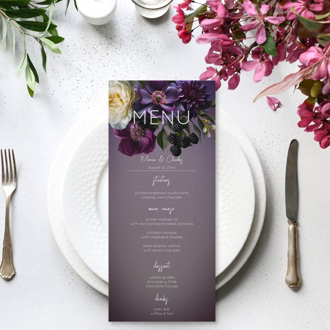 Dark Moody Purple Lavender Floral Modern Wedding Menu (Dark Moody Purple & Lavender Floral Modern Wedding Menu)