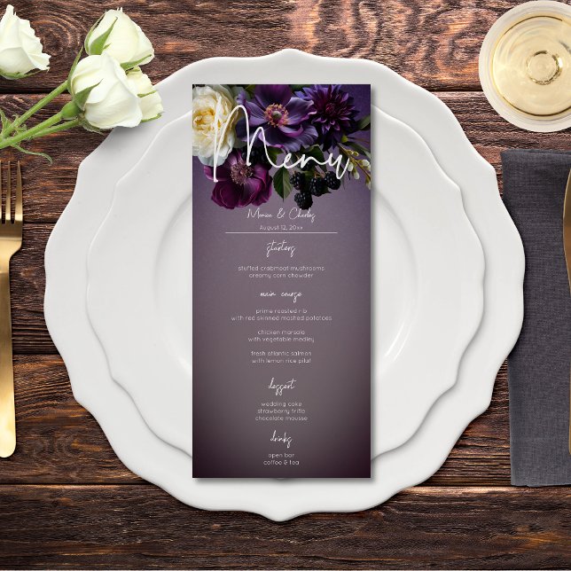 Dark Moody Purple Lavender Floral Modern Wedding Menu (Dark Moody Purple Lavender Floral Modern Wedding Menu)