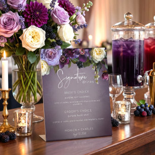 Dark Moody Purple & Lavender Floral Modern Wedding Pedestal Sign