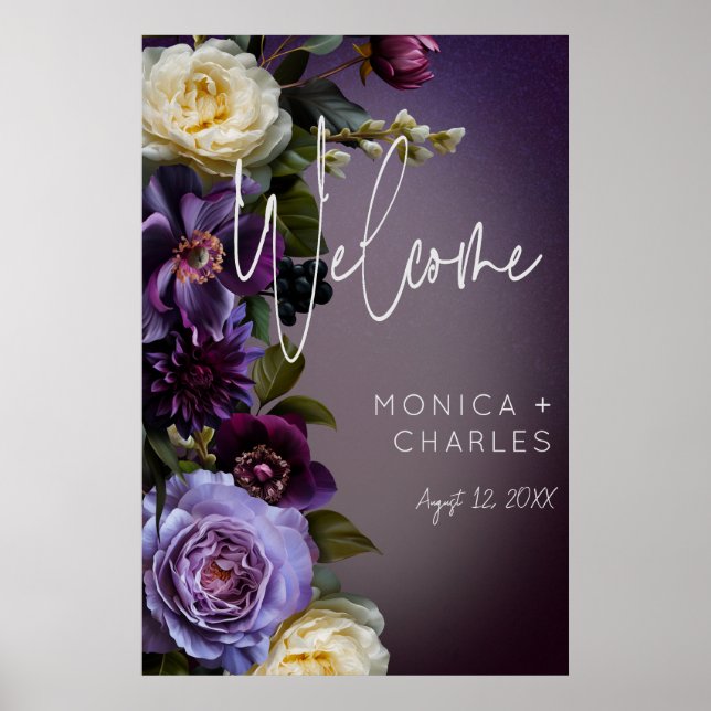 Dark Moody Purple & Lavender Floral Modern Wedding Poster (Front)