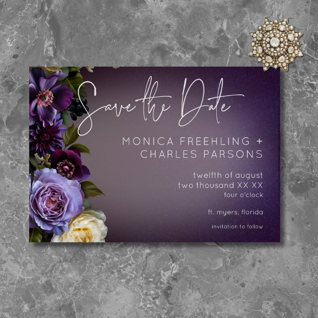 Dark Moody Purple Lavender Floral Modern Wedding Save The Date (Dark Moody Purple & Lavender Floral Modern Wedding Save The Date)
