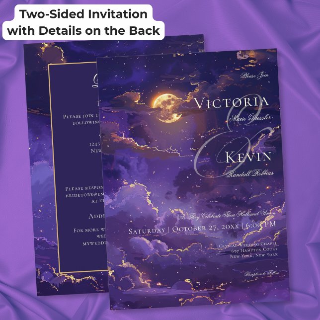 Dark Moody Purple Moonlit Clouds Two Sided Wedding Invitation (Dark Moody Purple & Gold Moonlit Clouds Wedding Invitation)
