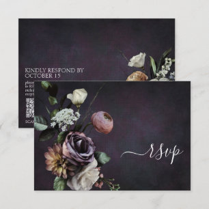 Dark Moody Purple Script Floral QR Code RSVP Card