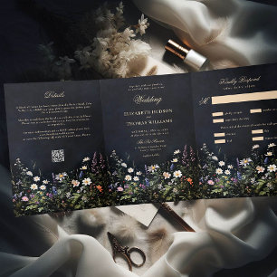 Dark Moody Romance Wildflowers All in One Wedding Tri-Fold Invitation