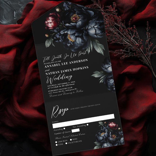 Dark Moody Romantic Black Peony Gothic Wedding All In One Invitation (Creator Uploaded)