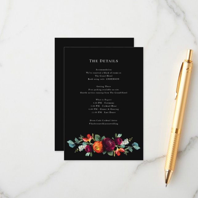 Dark Moody Romantic  dutch Floral wedding details  Enclosure Card (Front/Back In Situ)