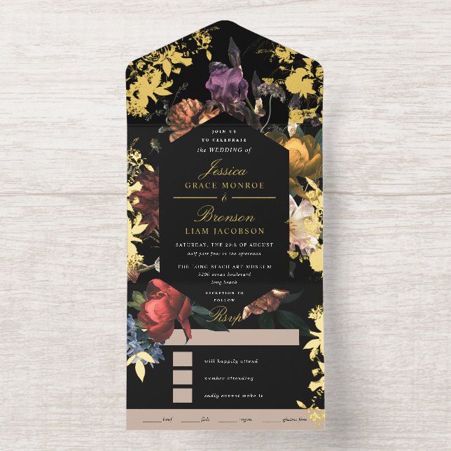 Dark Moody Romantic Floral Dutch Painterly Foil All In One Invitation (Inside)
