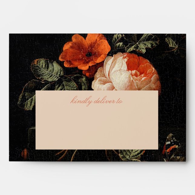Dark Moody Romantic Floral Dutch Painterly Wedding Envelope (Front)