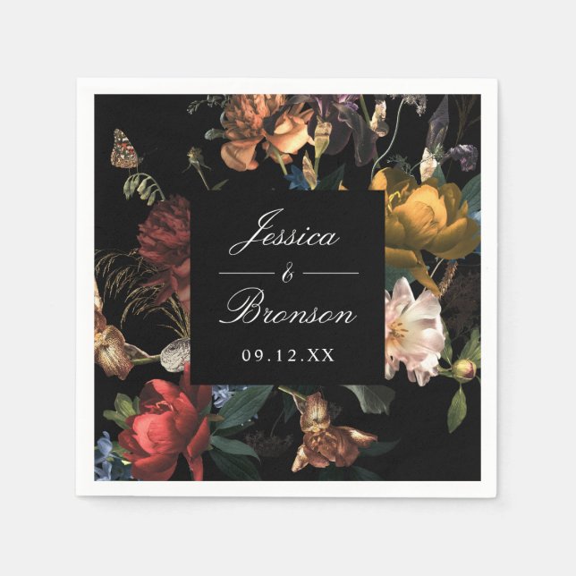 Dark Moody Romantic Floral Dutch Painterly Wedding Napkin (Front)