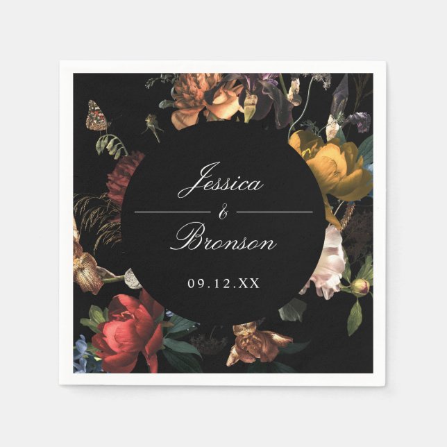 Dark Moody Romantic Floral Dutch Painterly Wedding Napkin (Front)